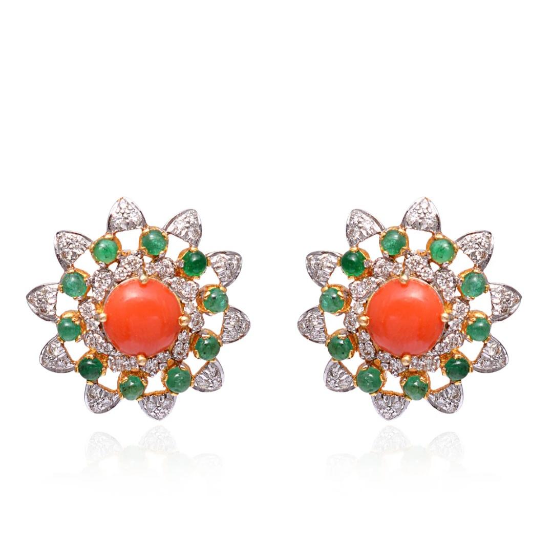 Extremely Beautiful Coral Emerald Gemstone Earrings In 18k yellow gold and diamonds looks stunning These coral and emerald earrings pair are so simple yet stylish.

Specifications

Dimensions: Width: 2.3 cm
Gross Weight: 9.820 gms
Gold Weight: 8.650