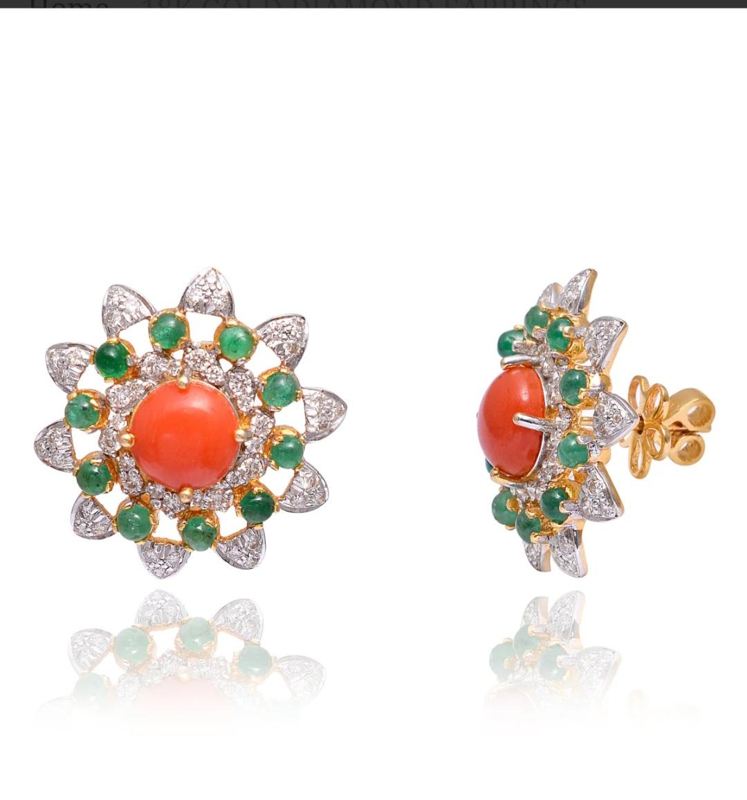 Antique Cushion Cut Natural diamond and coral stud earrings in 18k gold For Sale