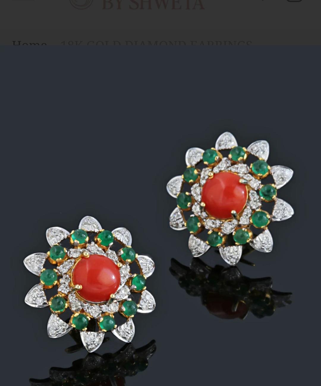 Women's Natural diamond and coral stud earrings in 18k gold For Sale