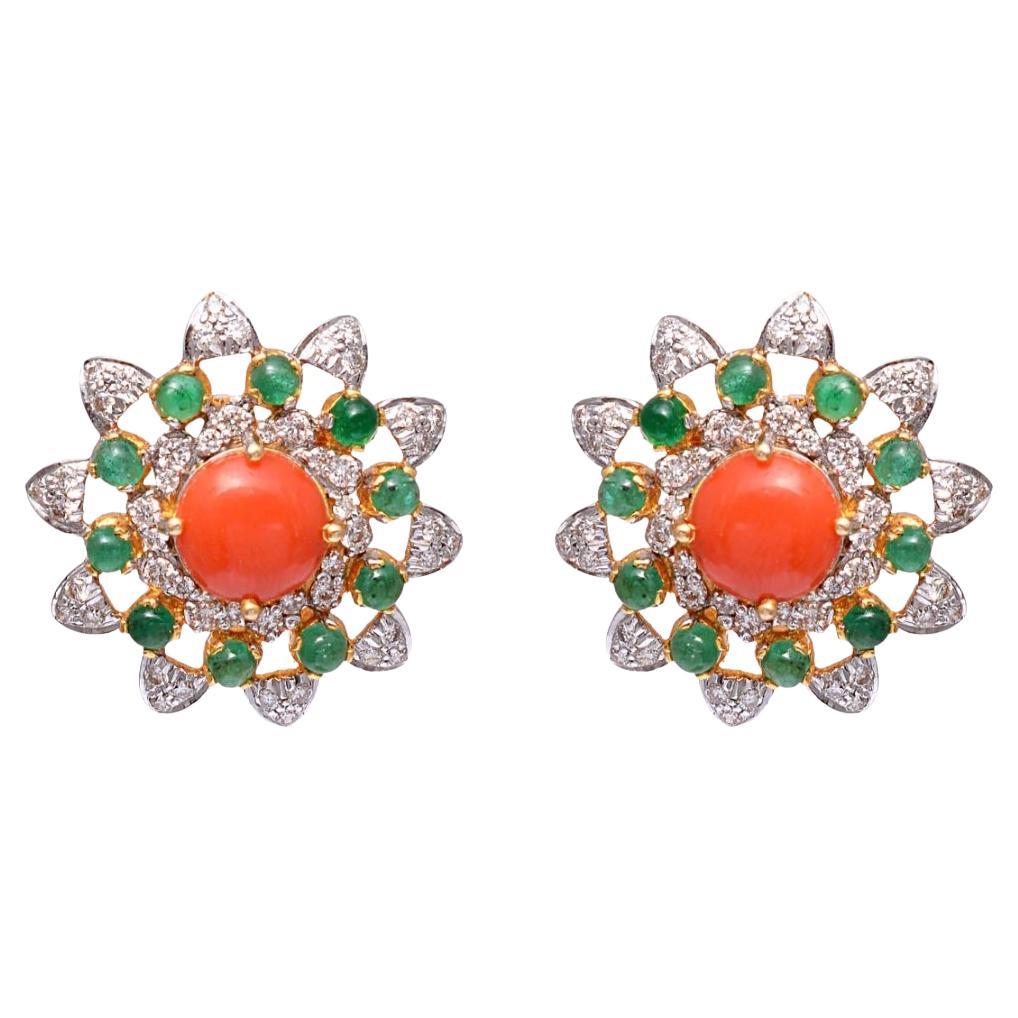Natural diamond and coral stud earrings in 18k gold