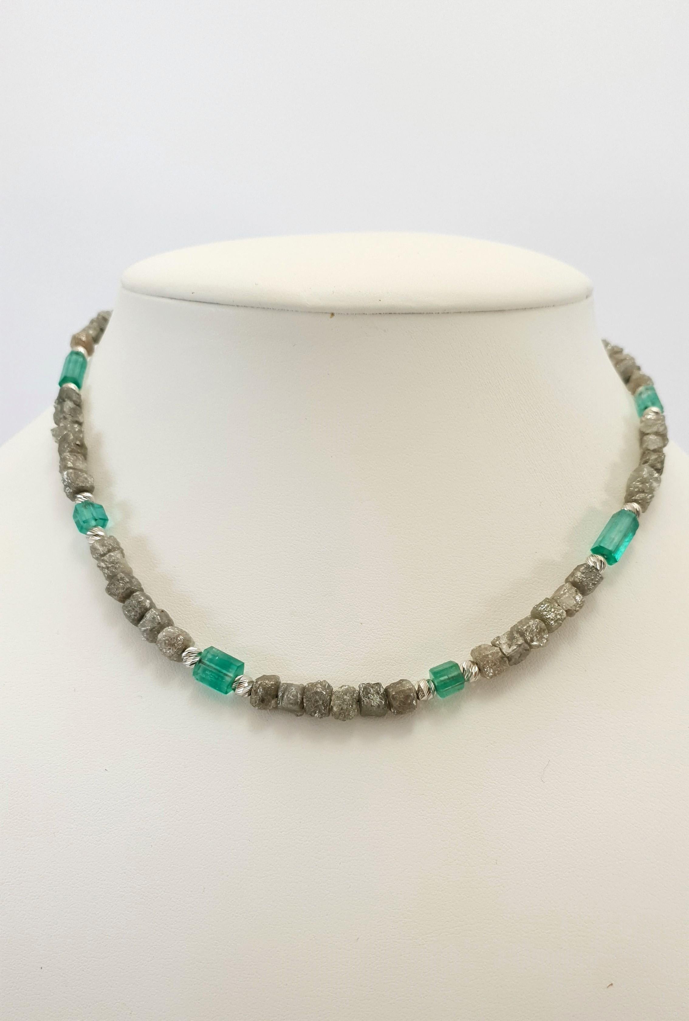 Arts and Crafts Natural Diamond and Emerald Crystals Beads Necklace with 18 Carat White Gold For Sale