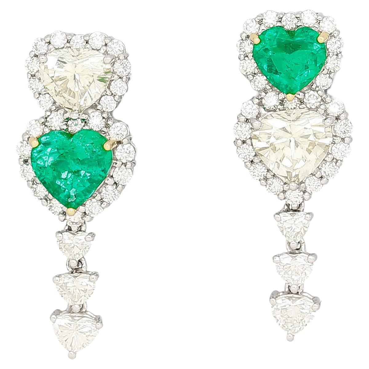 Natural Diamond and Emerald Heart Cut Mirrored Drop Earrings in 18k White Gold