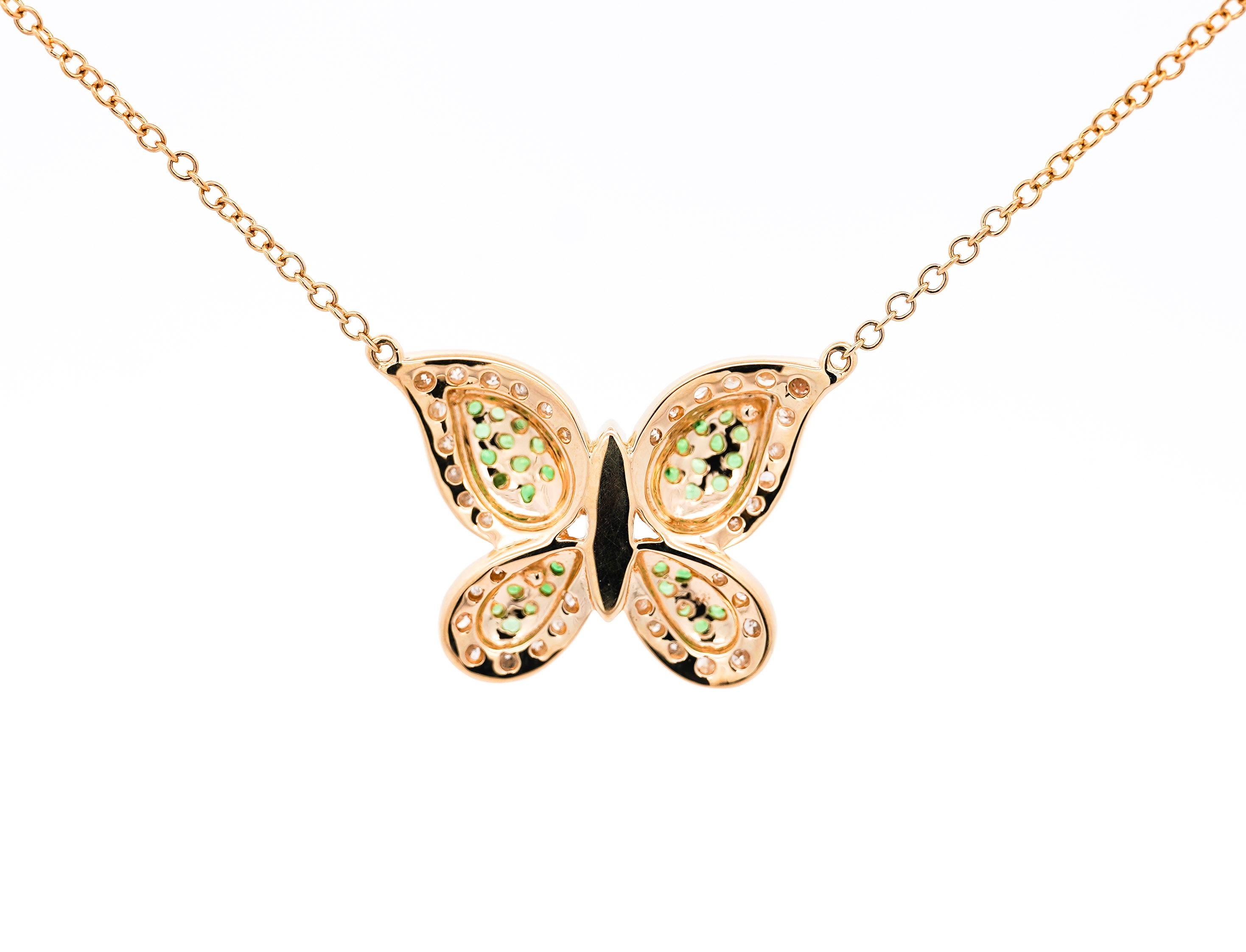 Natural Diamond and Green Tsavorite Cluster Butterfly 14K Yellow Gold Necklace For Sale 4
