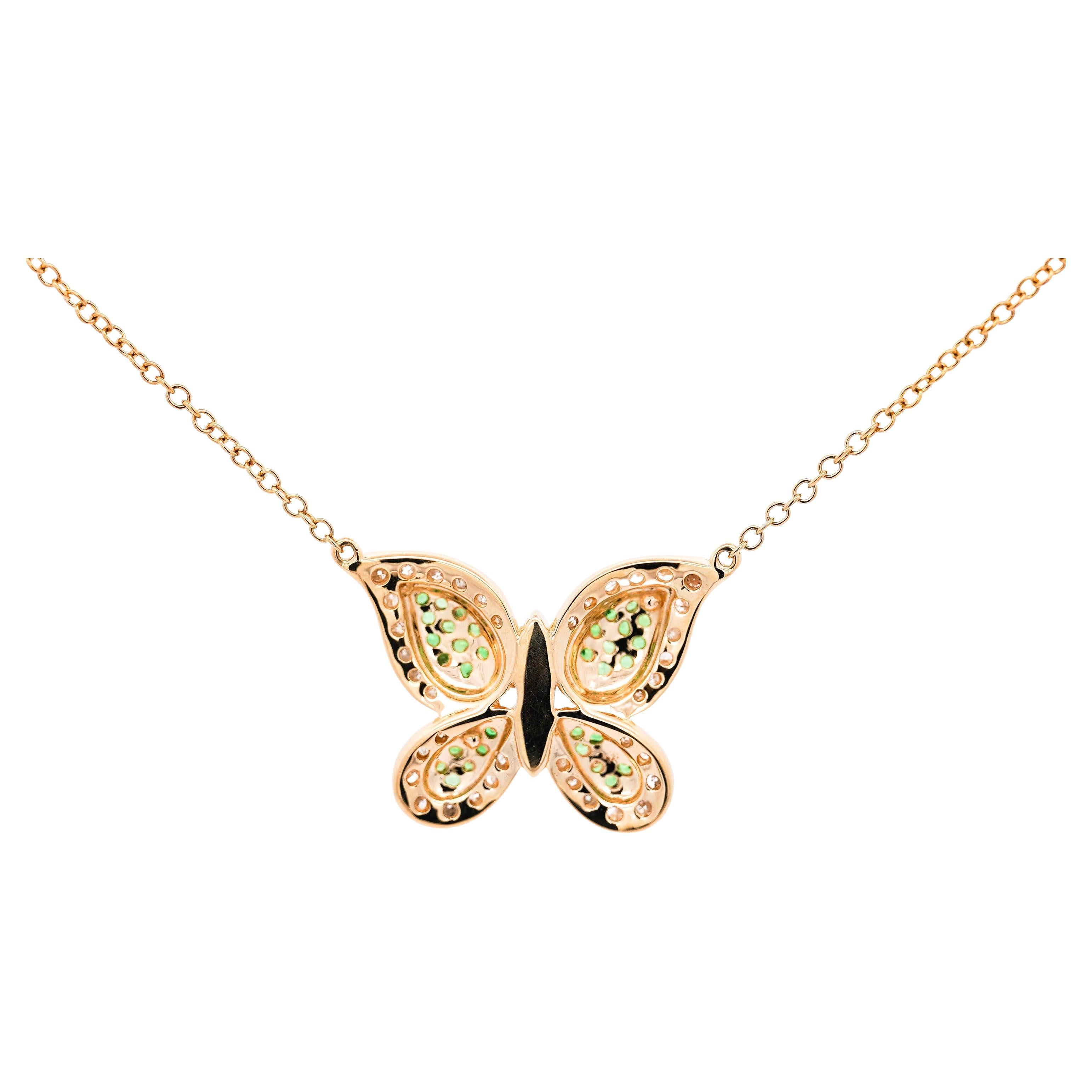 Natural Diamond and Green Tsavorite Cluster Butterfly 14K Yellow Gold Necklace For Sale 1