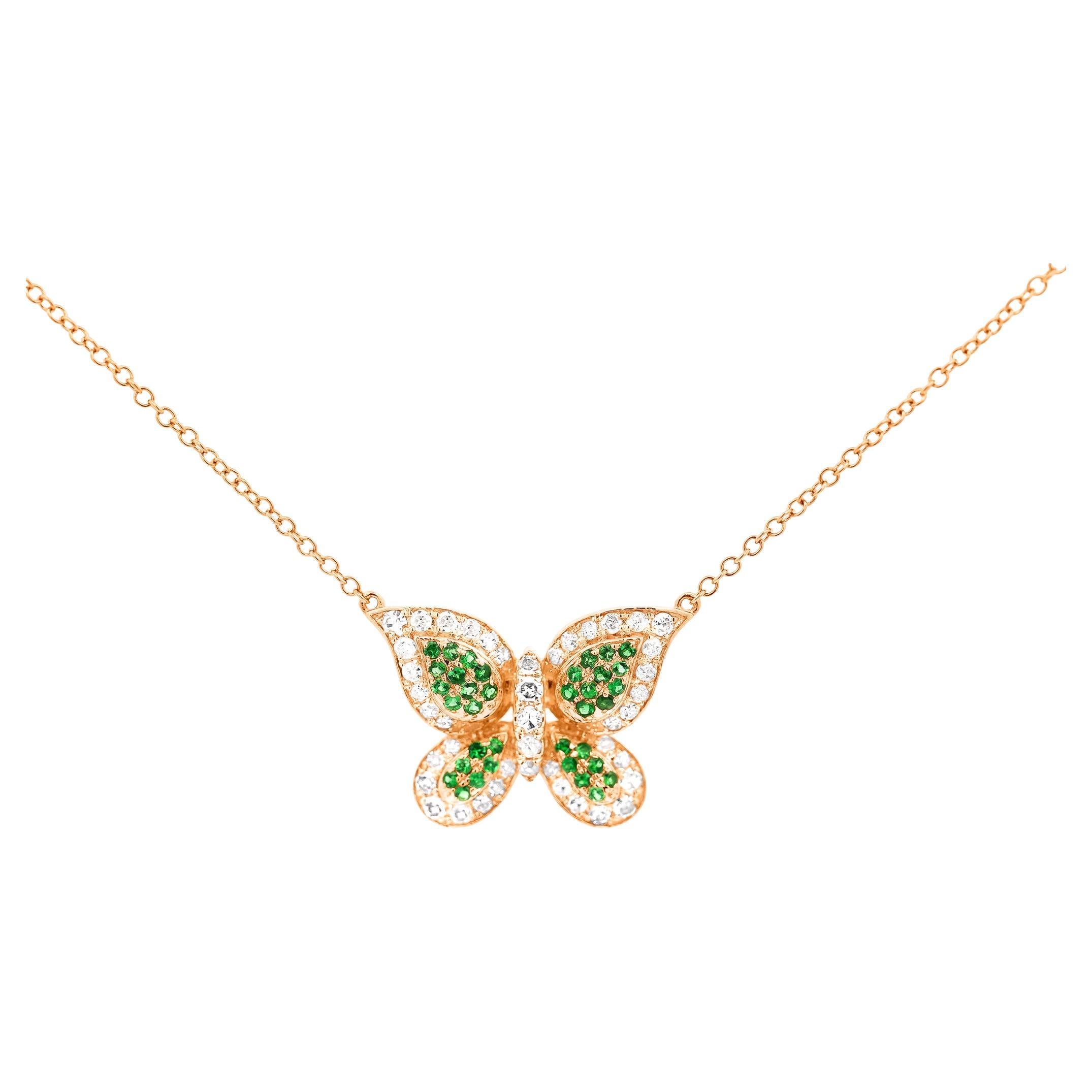 Natural Diamond and Green Tsavorite Cluster Butterfly 14K Yellow Gold Necklace For Sale