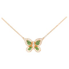 Natural Diamond and Green Tsavorite Cluster Butterfly 14K Yellow Gold Necklace