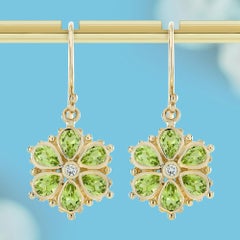 14K Gold Natural Diamond and Peridot Floral Cluster Drop Earrings