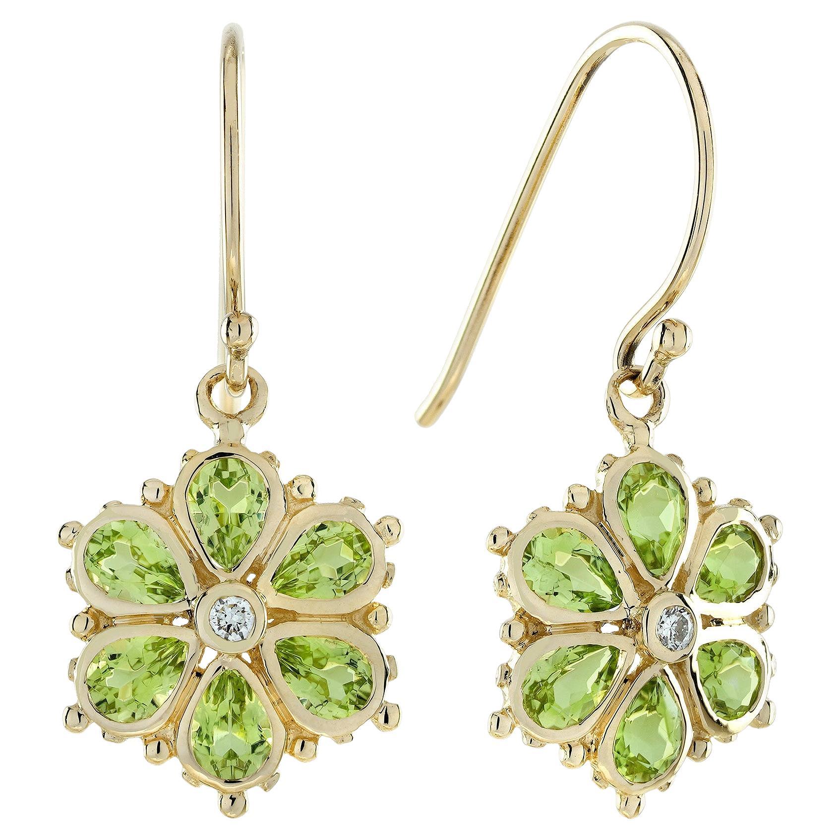 14K Gold Natural Diamond and Peridot Floral Cluster Drop Earrings