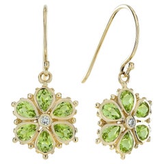 Natural Diamond and Peridot Vintage Style Floral Cluster Drop Earrings