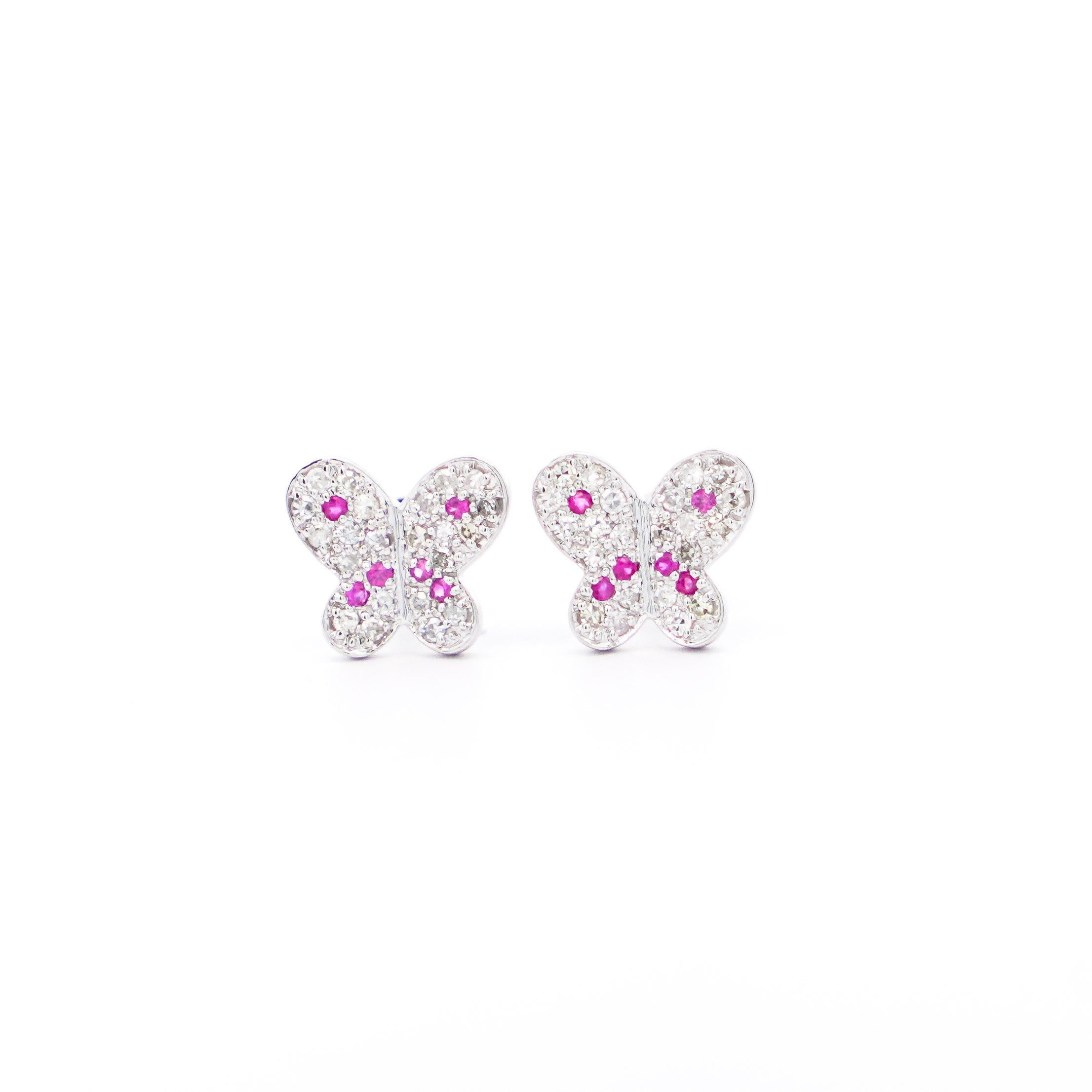 Natural Diamond and Pink Sapphire Butterfly Stud Earrings in 14K White Gold For Sale 4