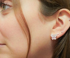 Natural Diamond and Pink Sapphire Butterfly Stud Earrings in 14K White Gold
