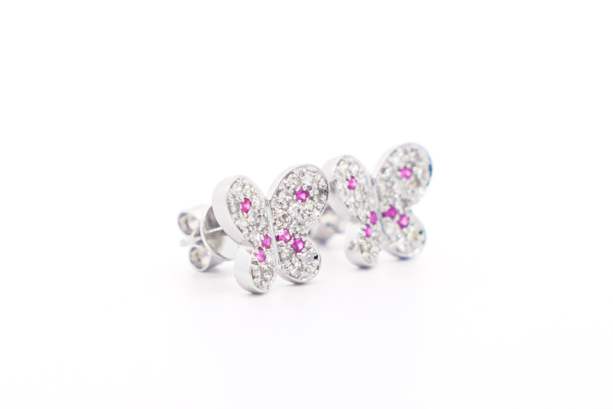 Modern Natural Diamond and Pink Sapphire Butterfly Stud Earrings in 14K White Gold For Sale