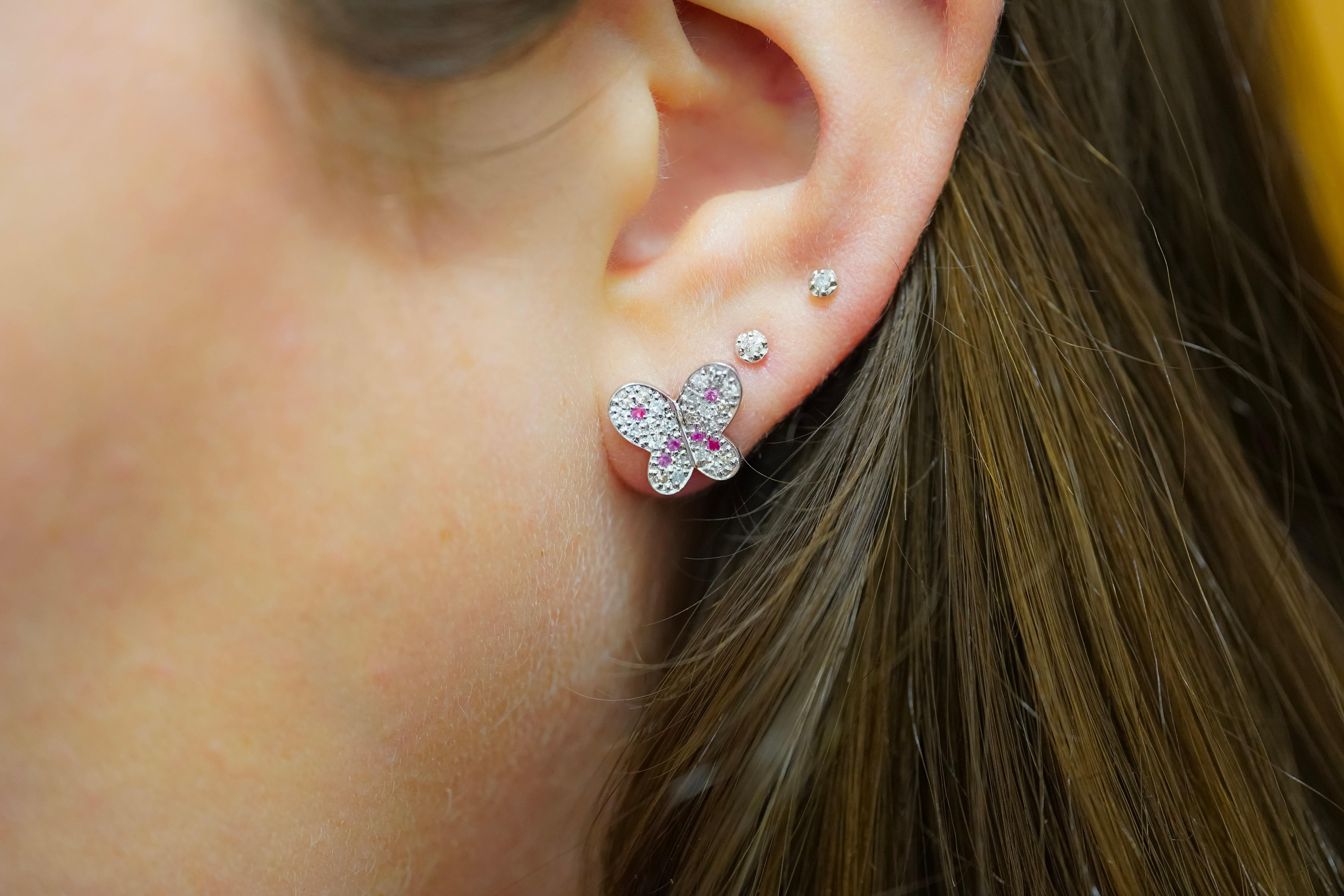 Round Cut Natural Diamond and Pink Sapphire Butterfly Stud Earrings in 14K White Gold For Sale