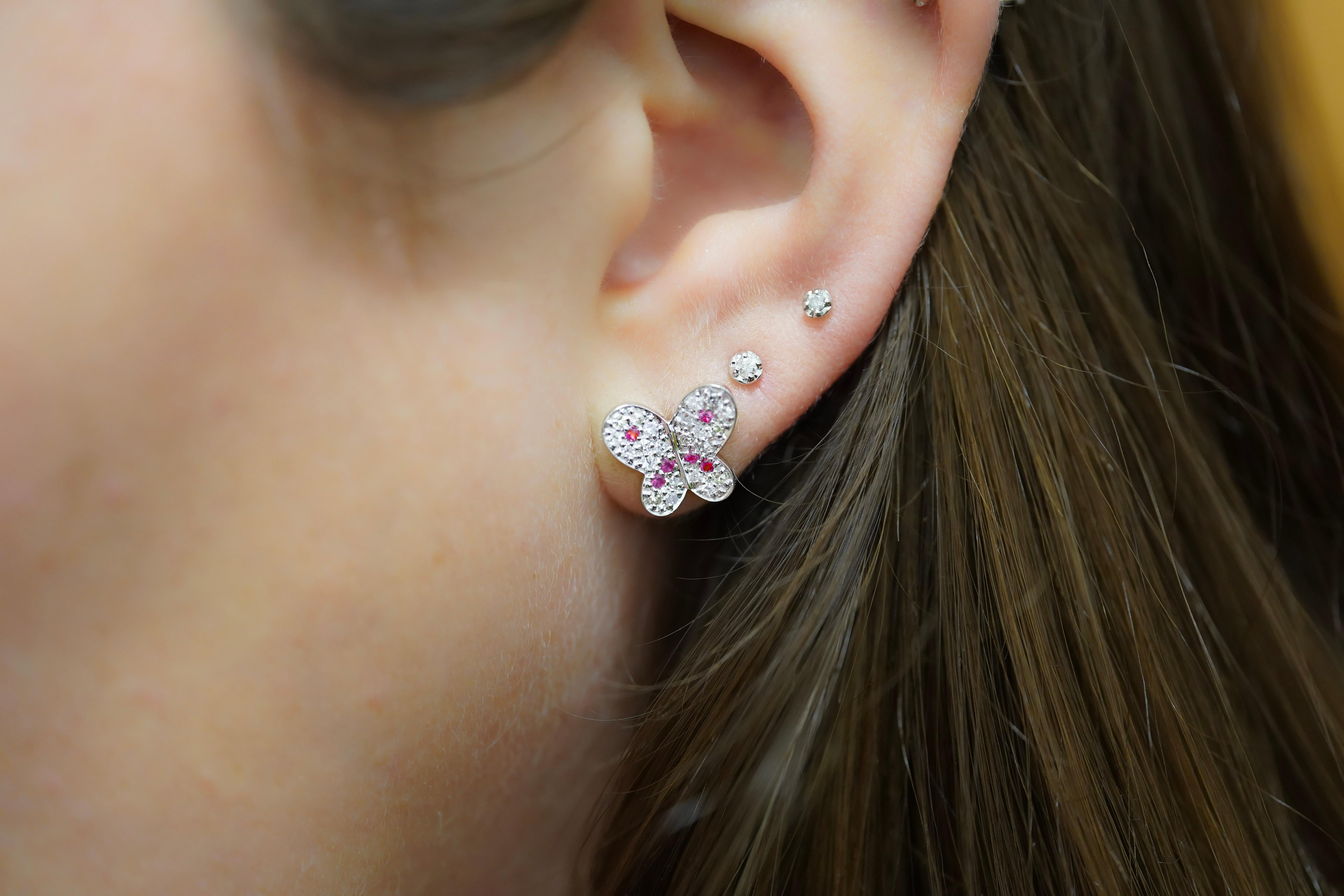 Women's Natural Diamond and Pink Sapphire Butterfly Stud Earrings in 14K White Gold For Sale