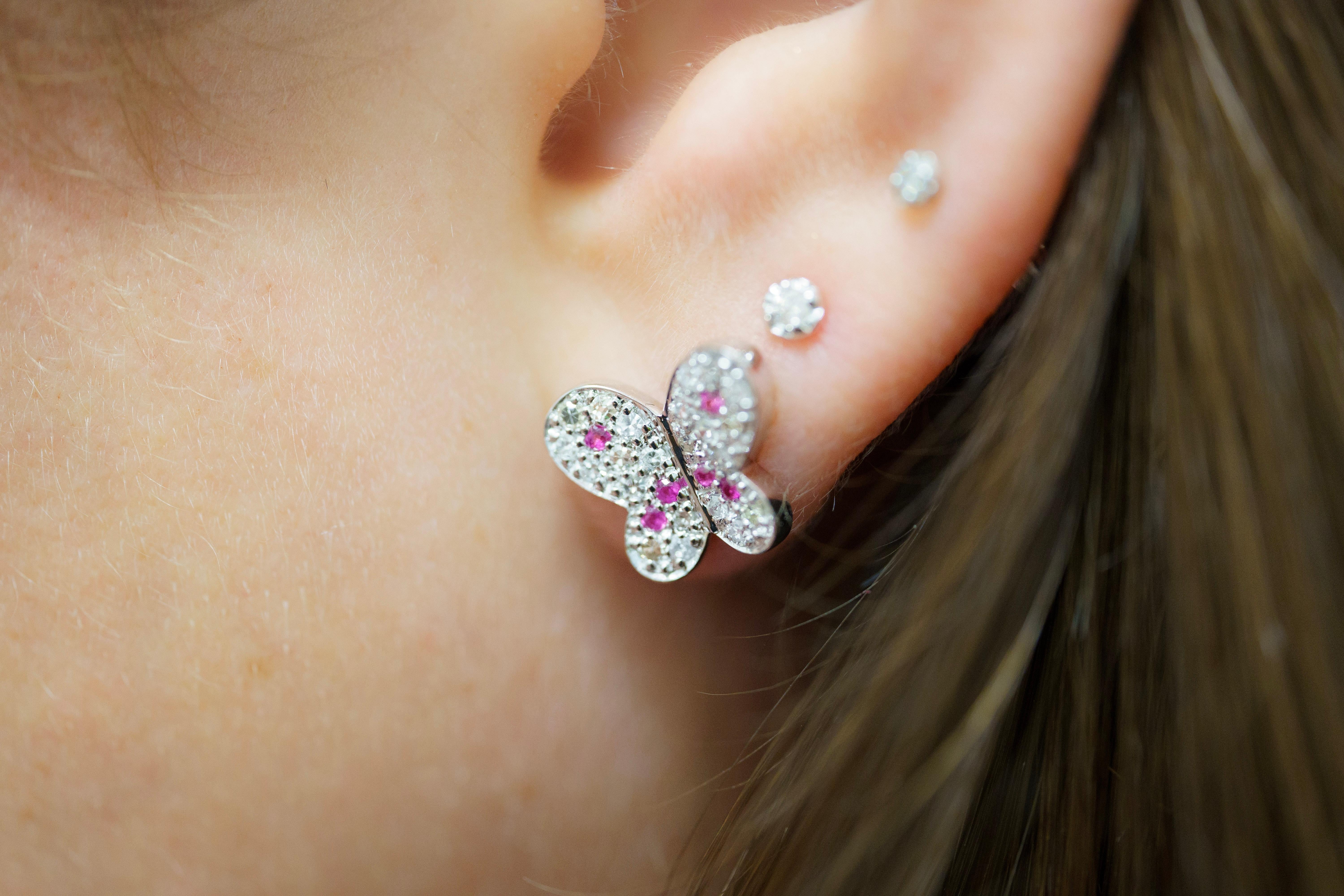 Natural Diamond and Pink Sapphire Butterfly Stud Earrings in 14K White Gold For Sale 1