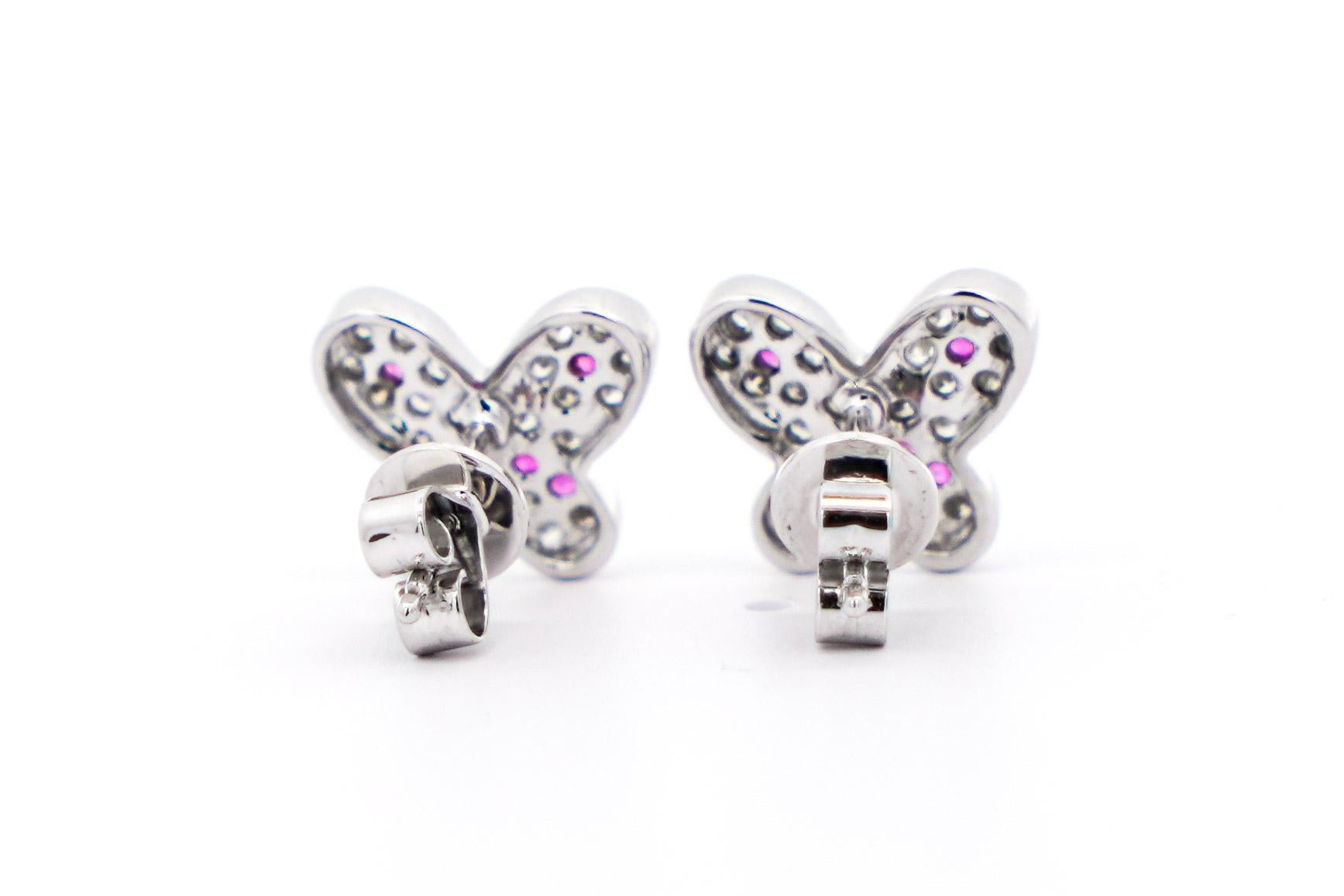 Natural Diamond and Pink Sapphire Butterfly Stud Earrings in 14K White Gold For Sale 2