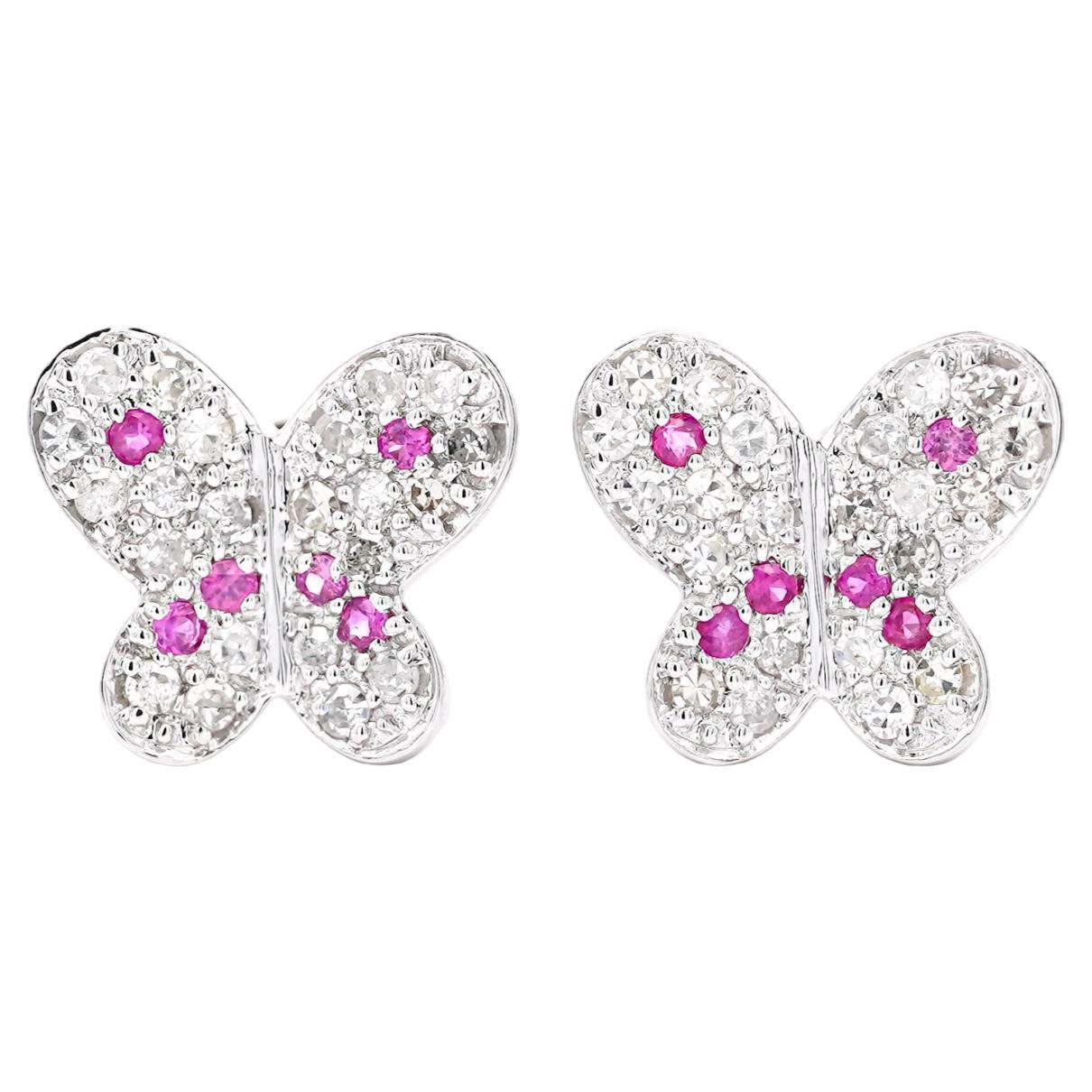 Natural Diamond and Pink Sapphire Butterfly Stud Earrings in 14K White Gold For Sale