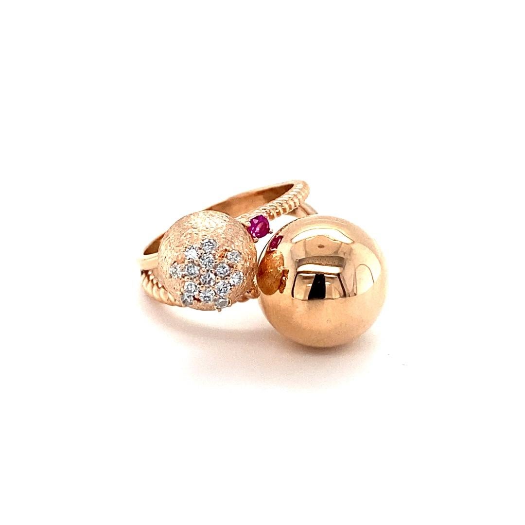 Artist Natural Diamond and Pink Sapphire Rose Gold Cocktail Ring For Sale