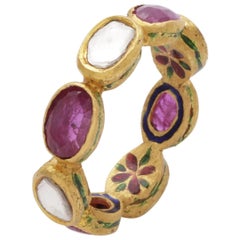 Natural Diamond and Ruby Enamel Ring Band in an Antique Finish