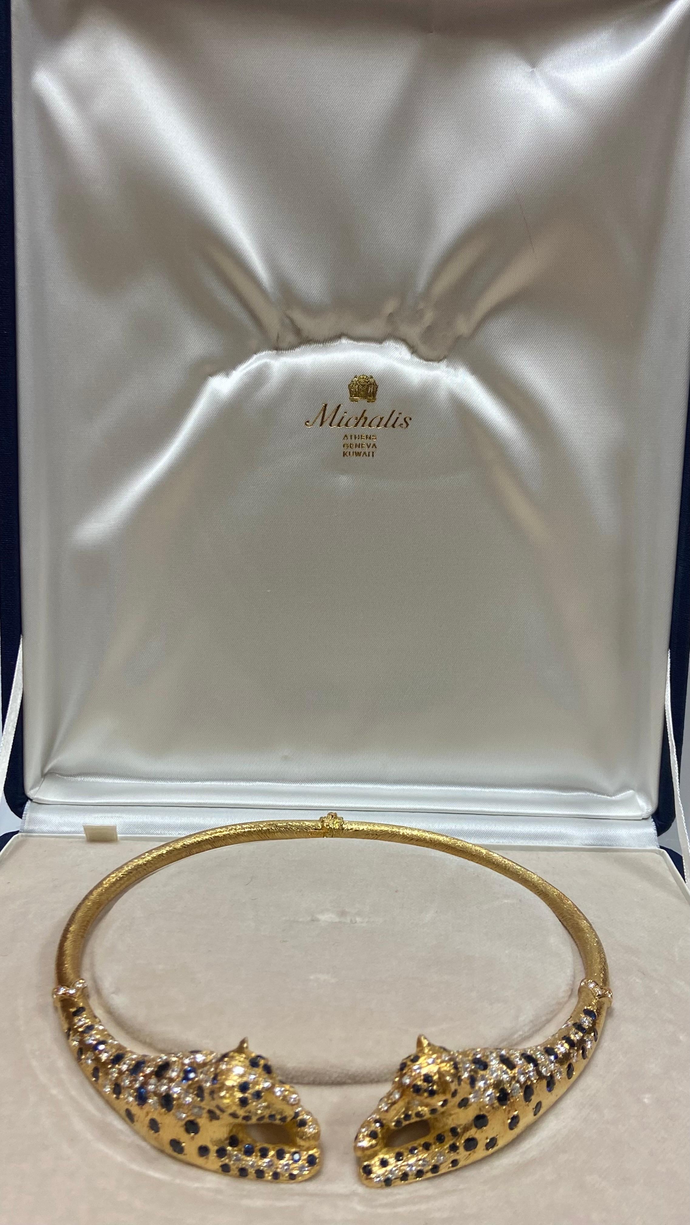 18.50 Carat Natural Diamond and Sapphire 18K Yellow Gold Leopard Choker In Excellent Condition For Sale In Miami, FL