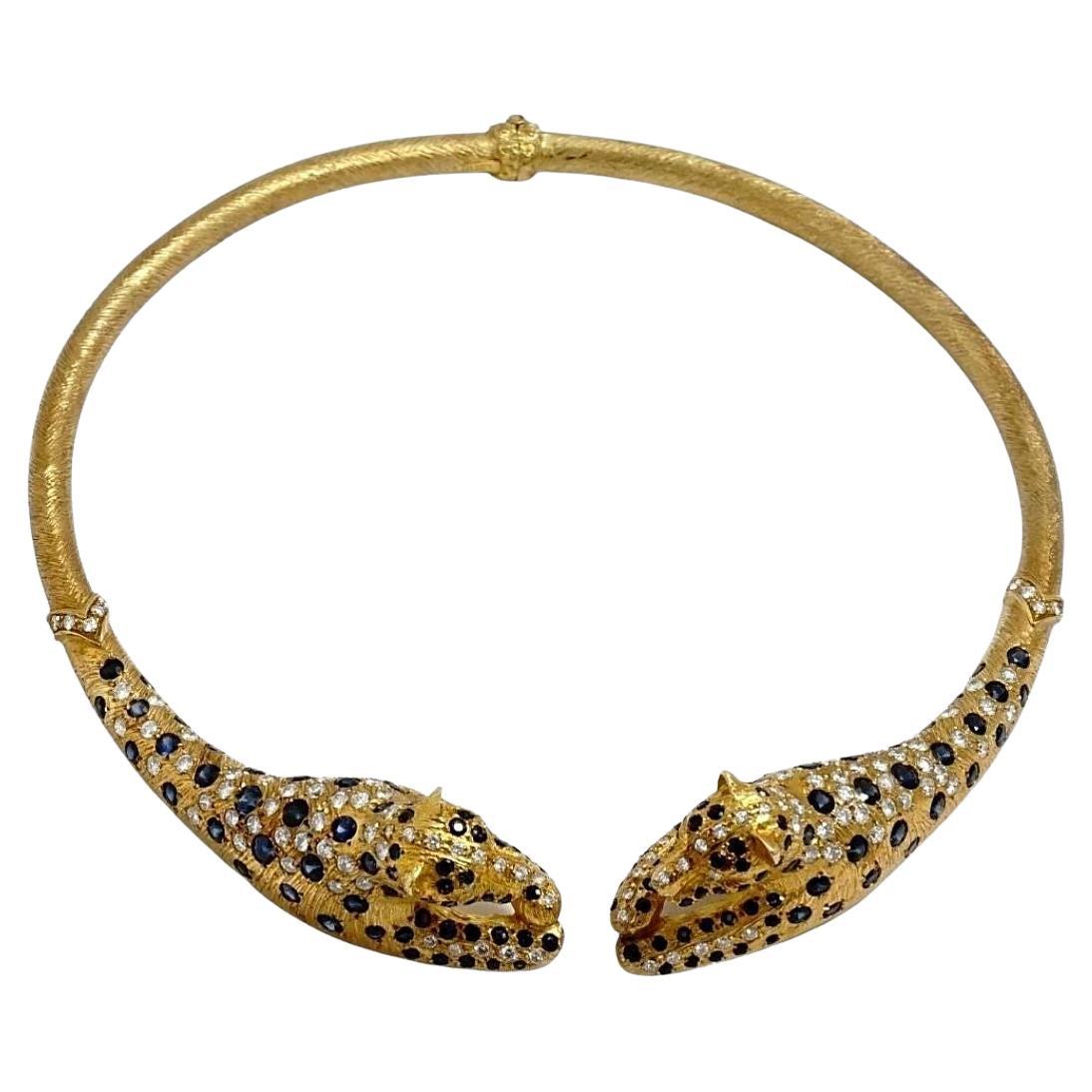 18.50 Carat Natural Diamond and Sapphire 18K Yellow Gold Leopard Choker For Sale