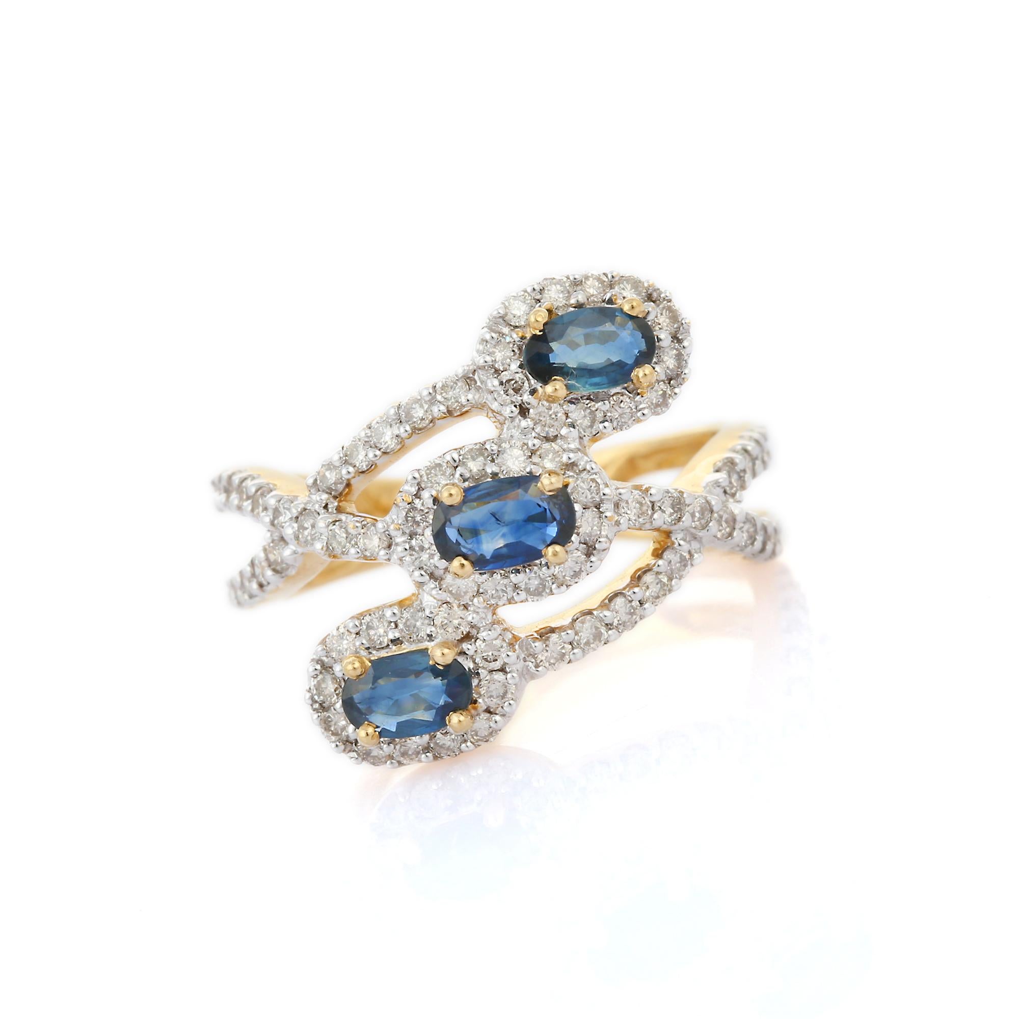 For Sale:  Three Oval Blue Sapphire Diamond Engagement Ring in 18k Solid Yellow Gold 2
