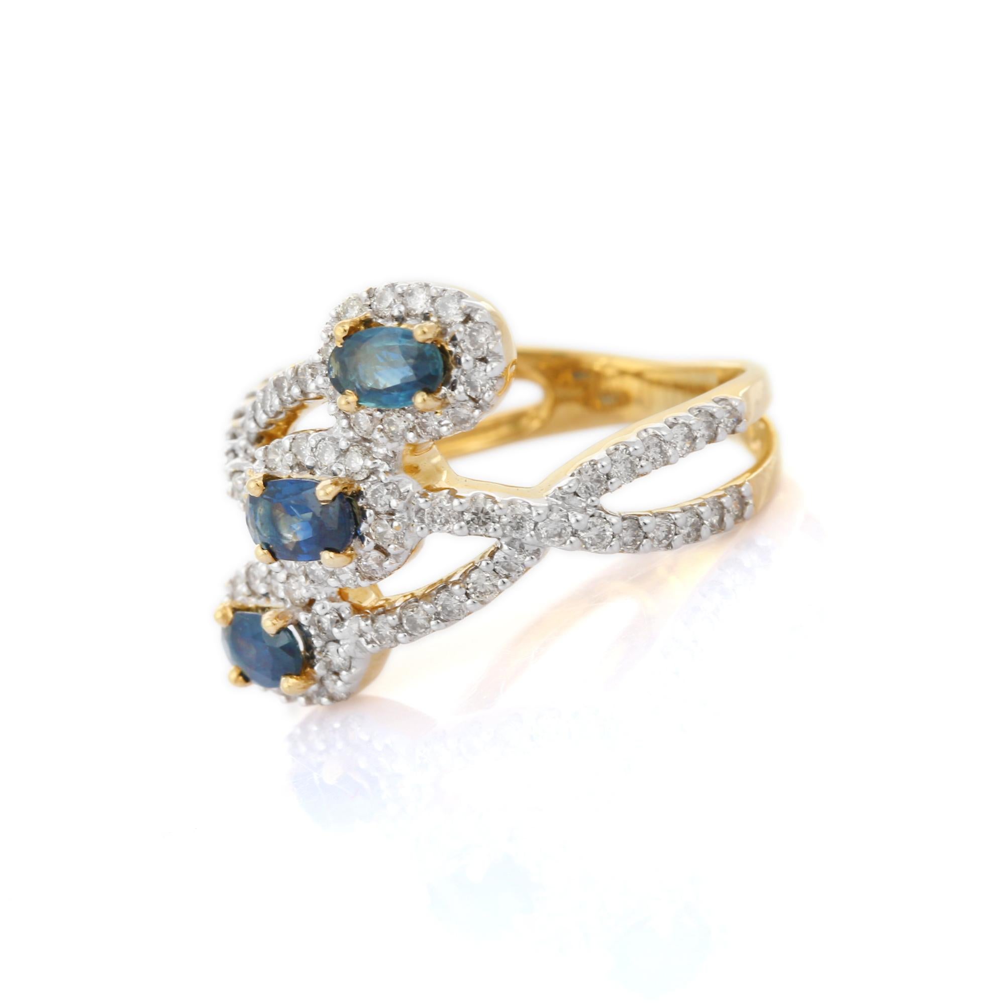 For Sale:  Three Oval Blue Sapphire Diamond Engagement Ring in 18k Solid Yellow Gold 3