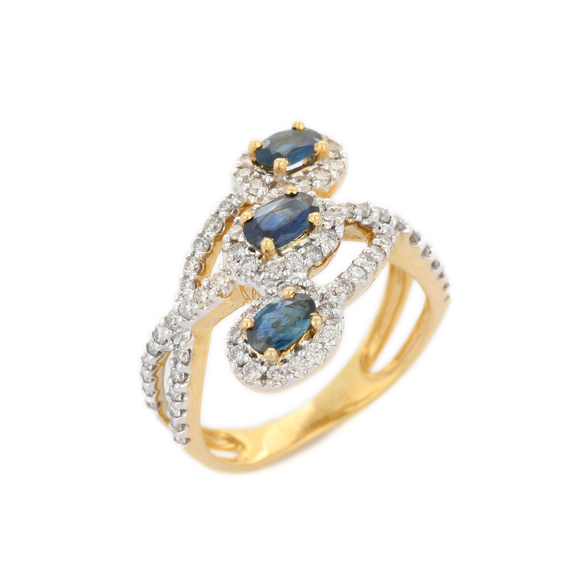 For Sale:  Three Oval Blue Sapphire Diamond Engagement Ring in 18k Solid Yellow Gold 5