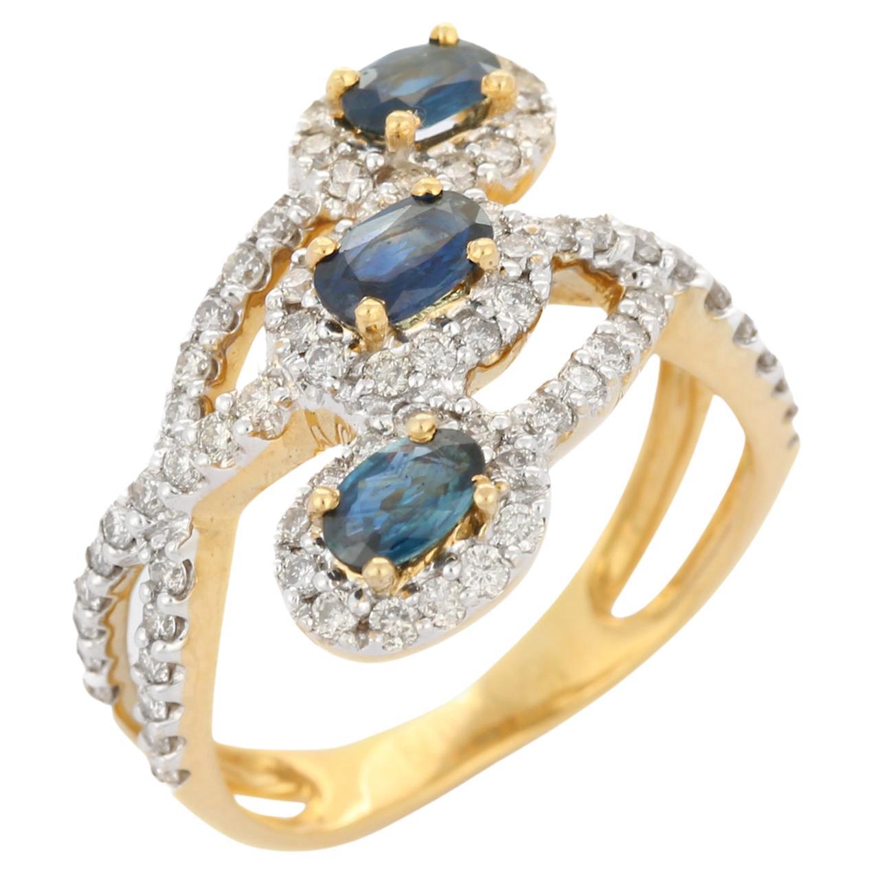 Bague de fiançailles à trois saphirs bleus ovales et diamants en or jaune massif 18 carats