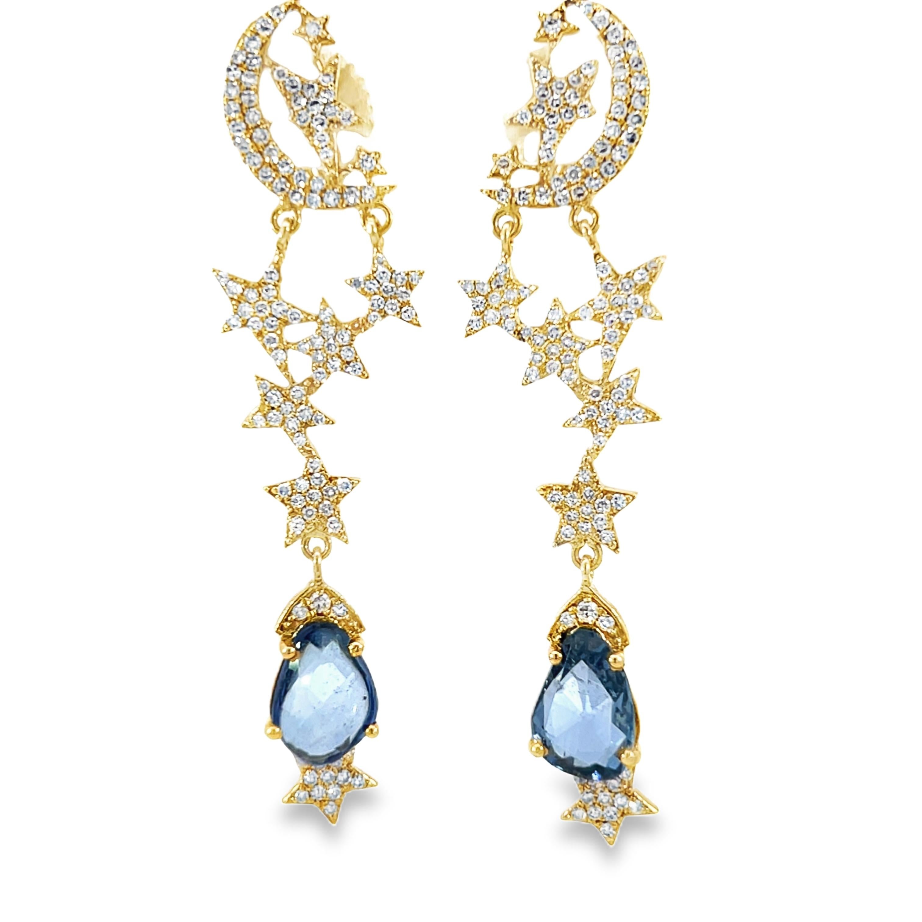 These stunning stars earrings will add a dazzling touch to your outfit. They are adorned with dazzling 1.30-carat diamonds and 3.71-carat blue sapphire that brilliantly catch the light, and they have a gorgeous design of stars and a crescent moon.