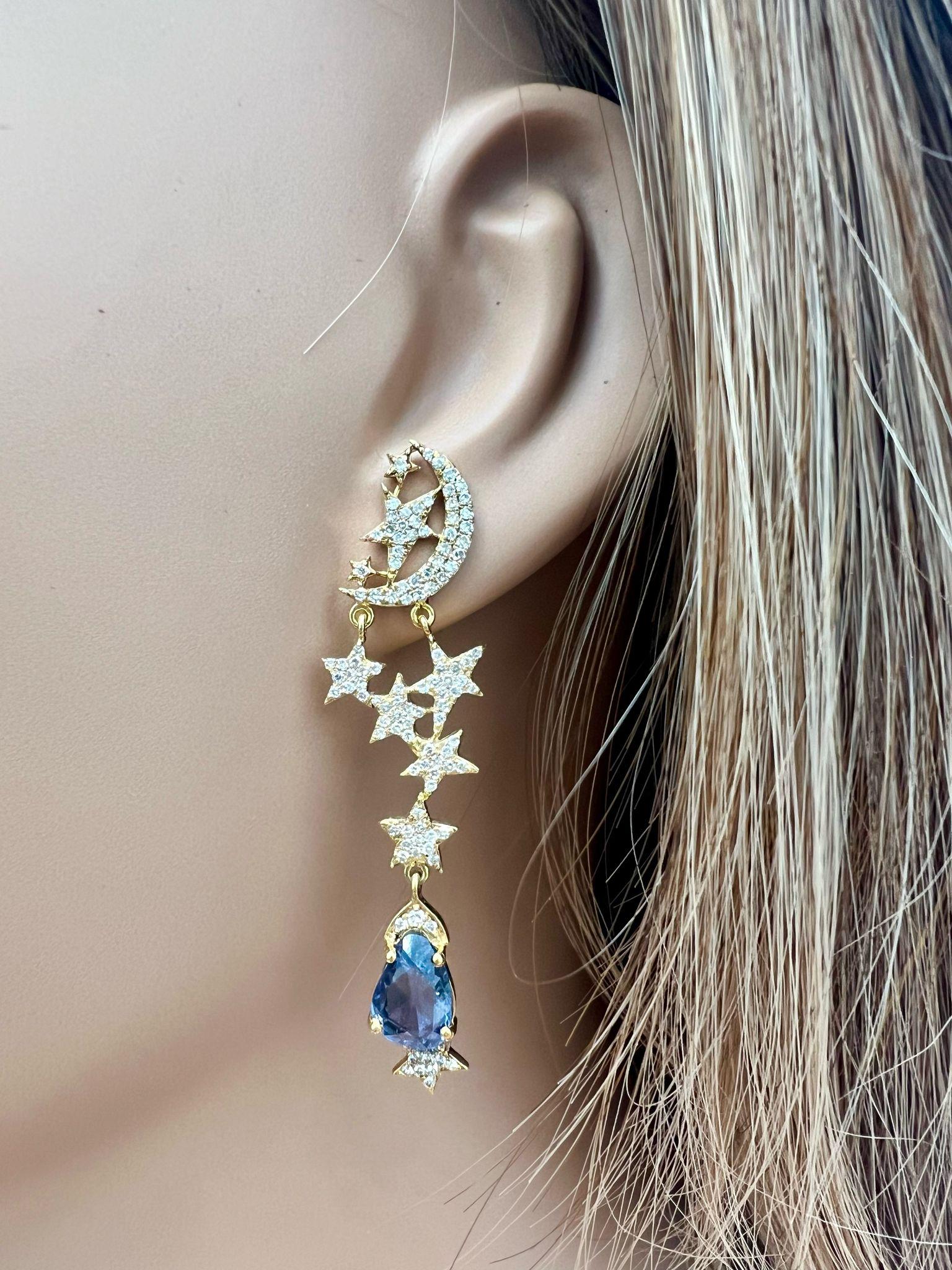 Mixed Cut Natural Diamond and Sapphires Beautiful star and moon earrings For Sale