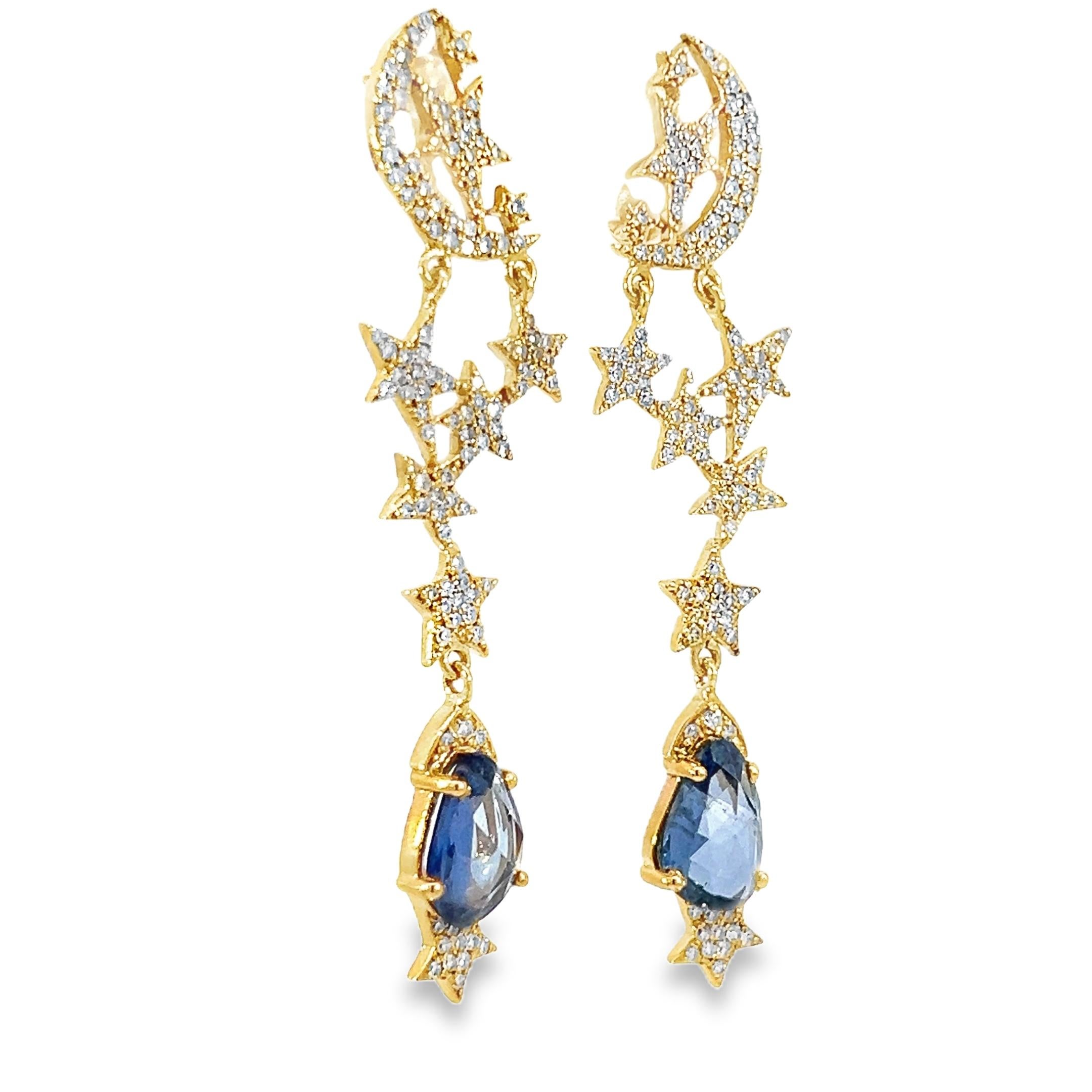 Natural Diamond and Sapphires Beautiful star and moon earrings In New Condition For Sale In New York, NY