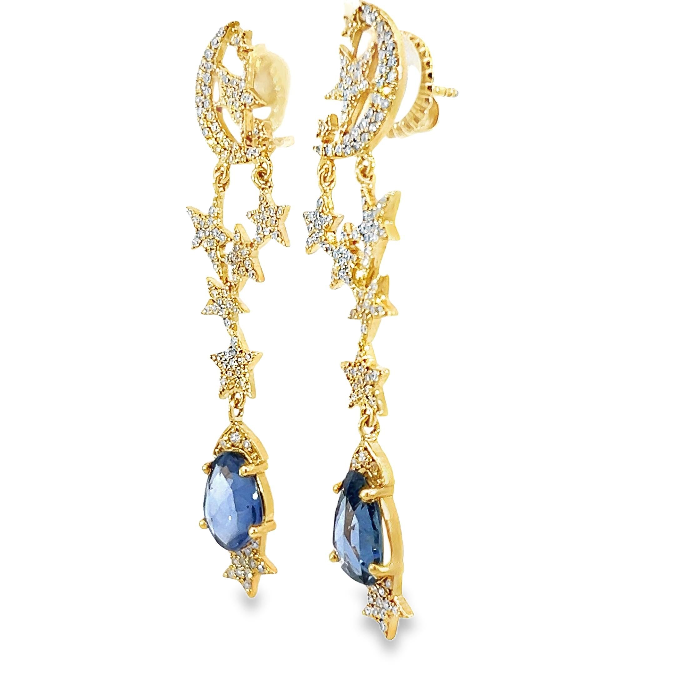 Women's Natural Diamond and Sapphires Beautiful star and moon earrings For Sale
