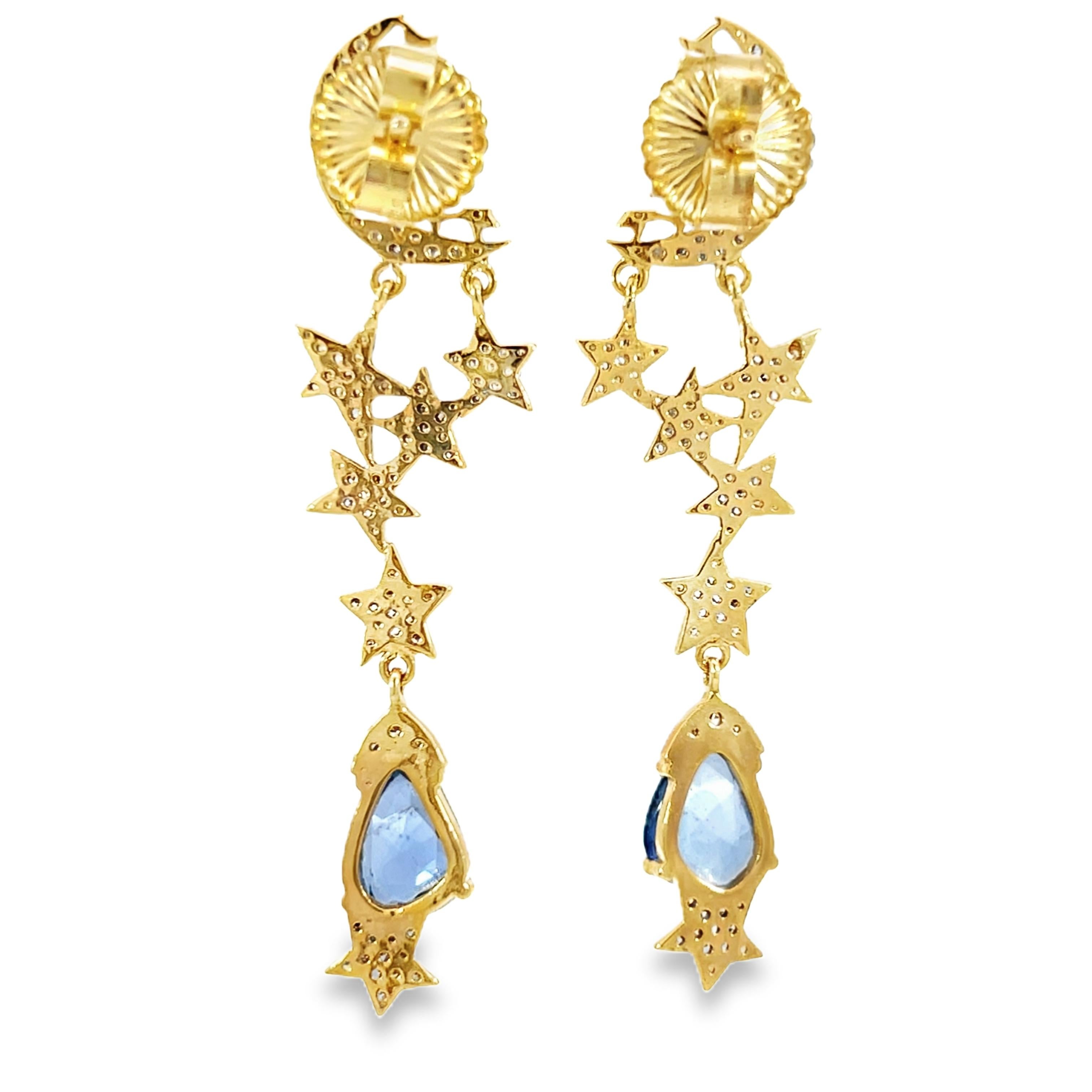 Natural Diamond and Sapphires Beautiful star and moon earrings For Sale 1