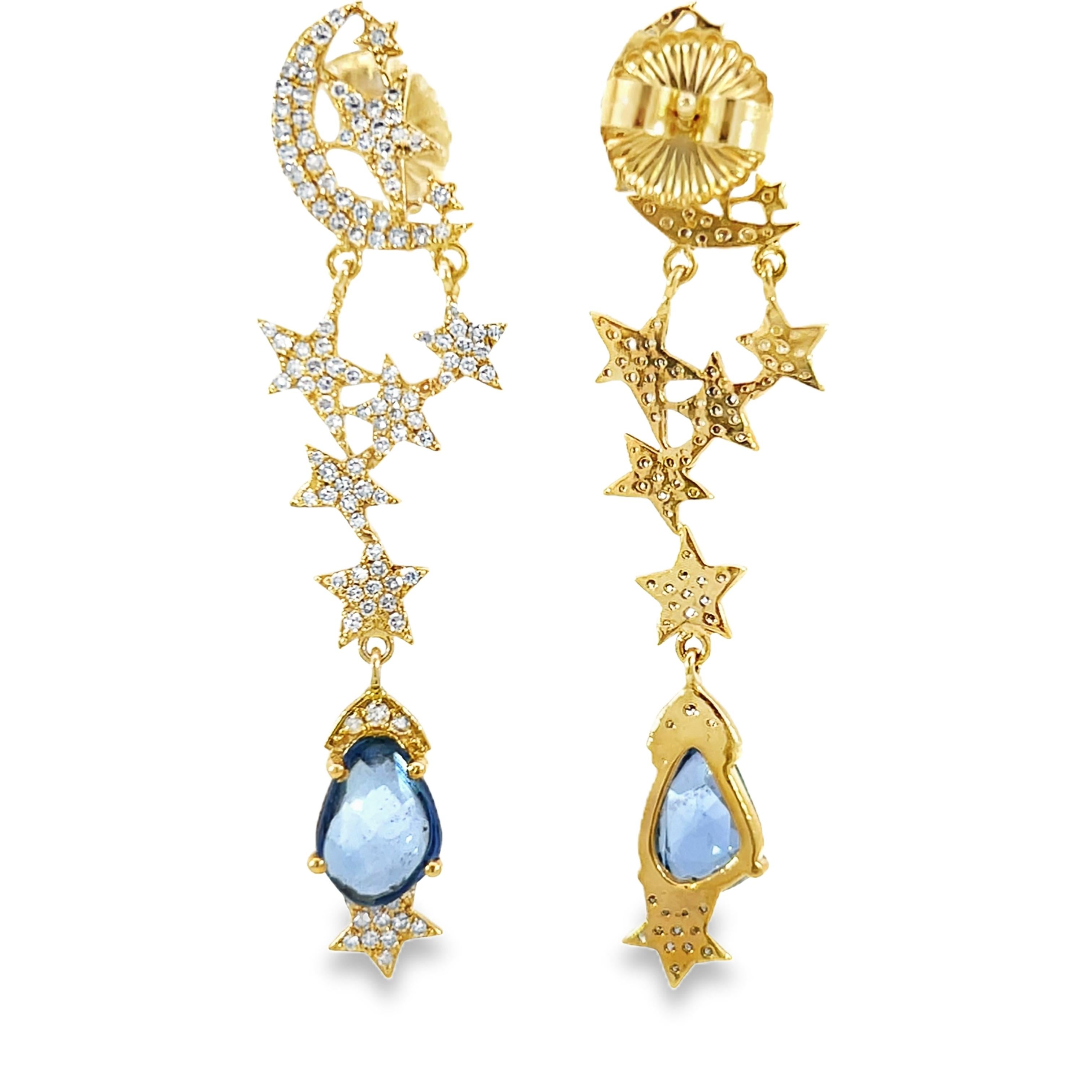 Natural Diamond and Sapphires Beautiful star and moon earrings For Sale 2