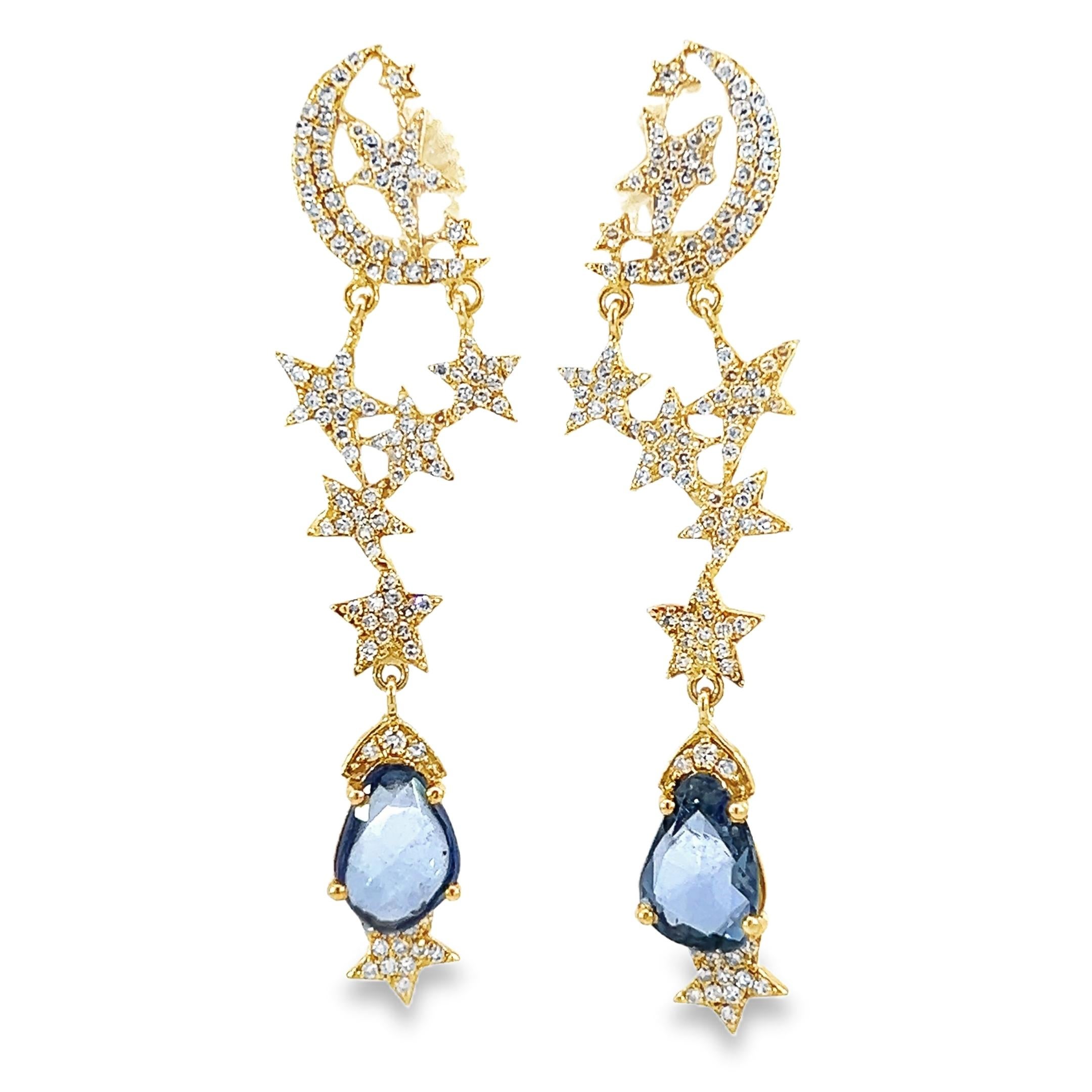 Natural Diamond and Sapphires Beautiful star and moon earrings For Sale