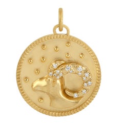Natural Diamond Aries Zodiac Coin Pendant in 14KT Yellow Gold