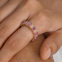 Anillo de diamantes naturales con banda de oro amarillo macizo de 14k, joya de eternidad con zafiro rosa