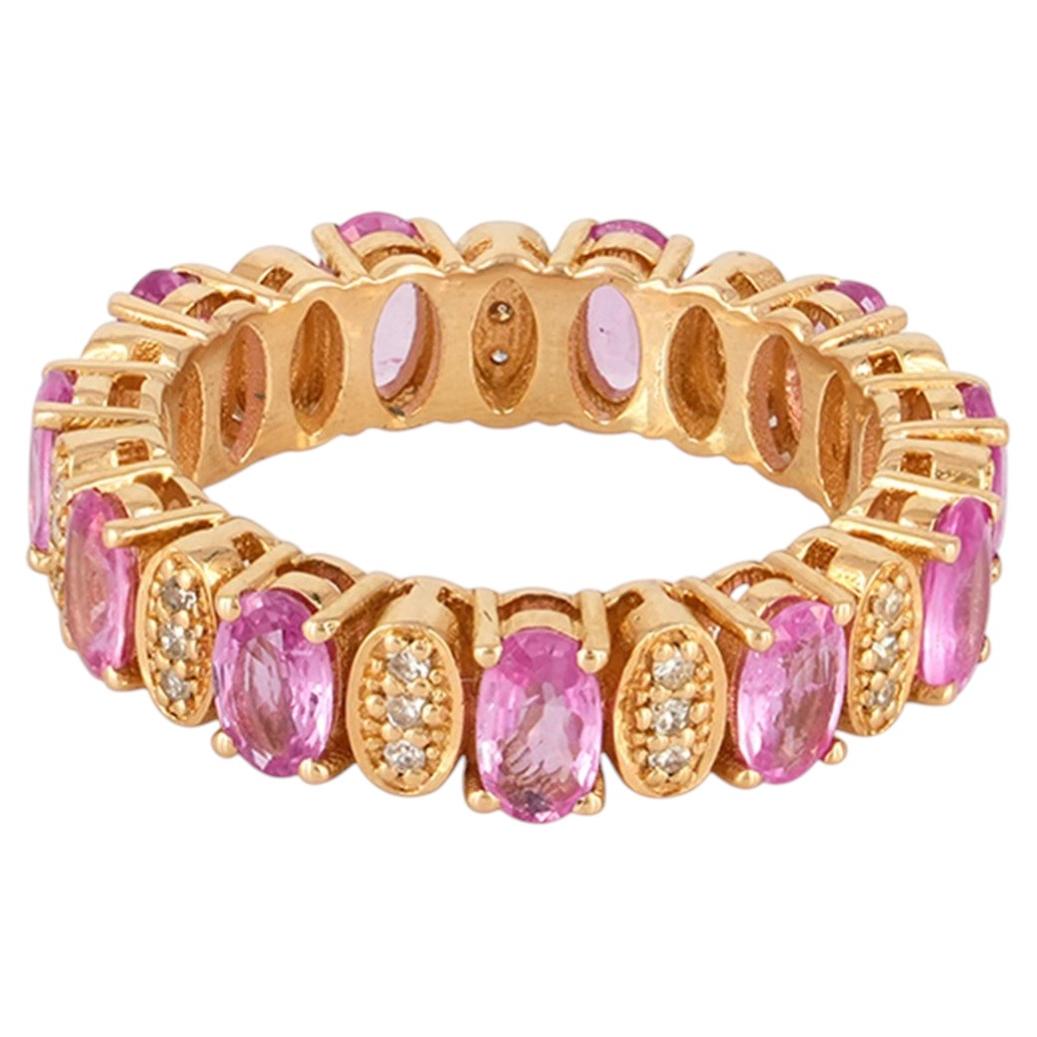 Ring mit Naturdiamanten, aus massivem 14-karätigem Gelbgold, Eternity-Schmuck, mit rosa Saphir