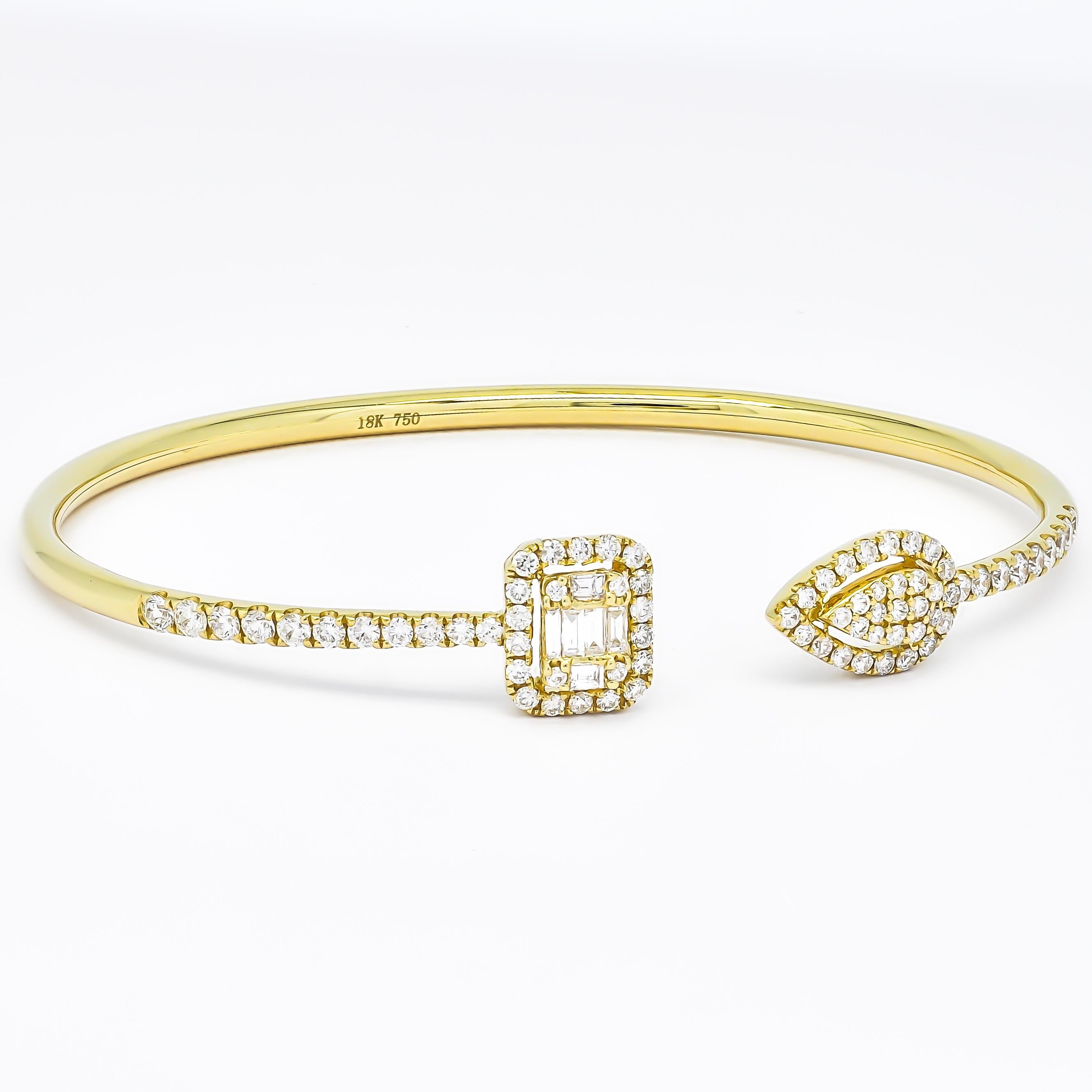 Fall in love with the stunning 18KT Gold Multi Shape Cluster Halo Diamond Woman Flex Cuff Open Bangle Bracelet. Crafted from luxurious 18KT gold, this bracelet features a breathtaking array of natural diamonds arranged in a beautiful cluster halo