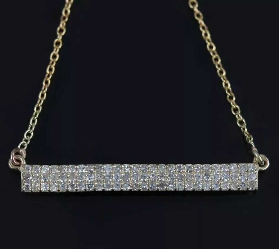 Round Cut Natural Diamond Bar Pendant 14K Solid Gold For Sale