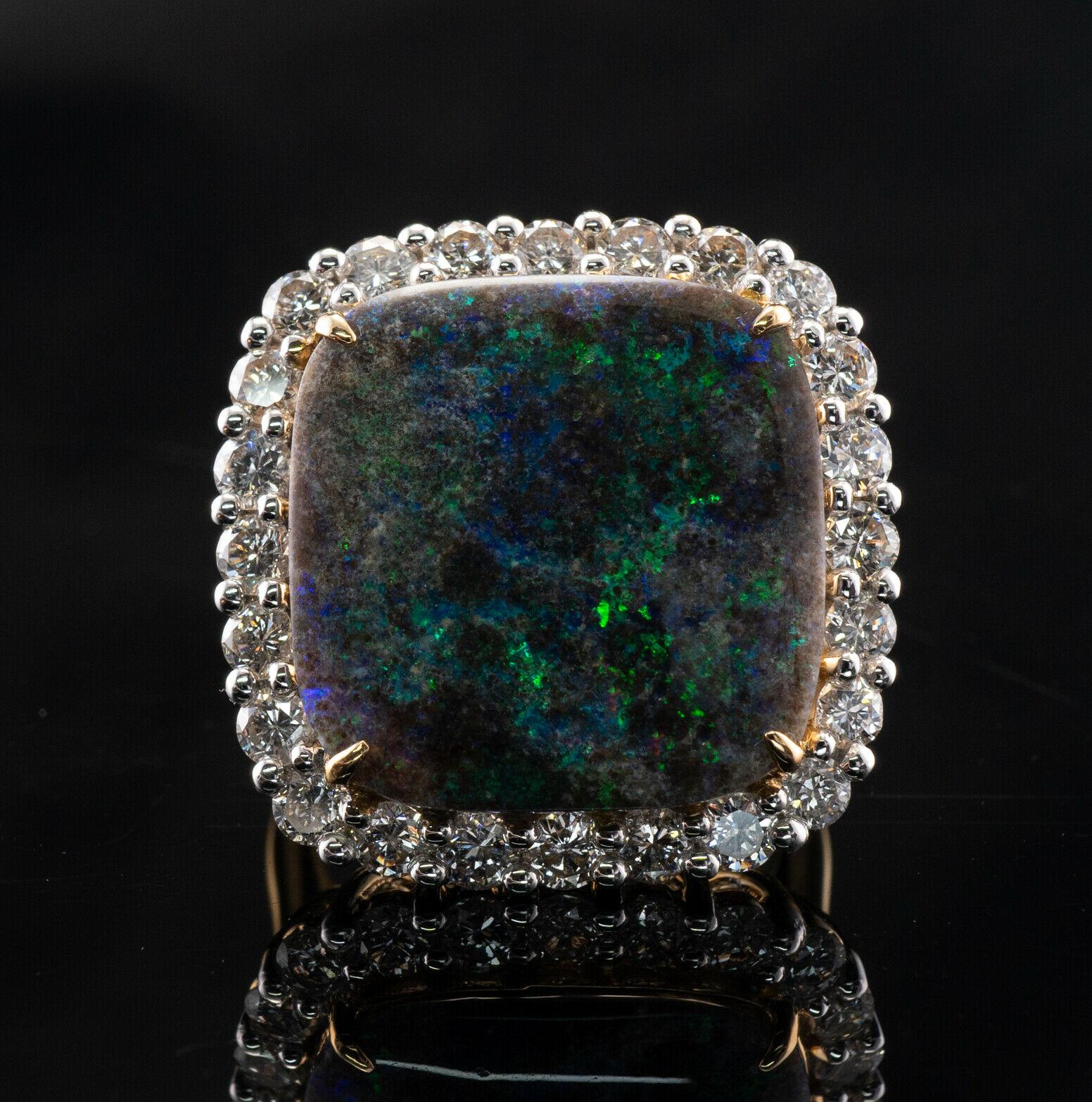 Cabochon Anello con diamante naturale e opale nero in oro 14K Cocktail Vintage in vendita