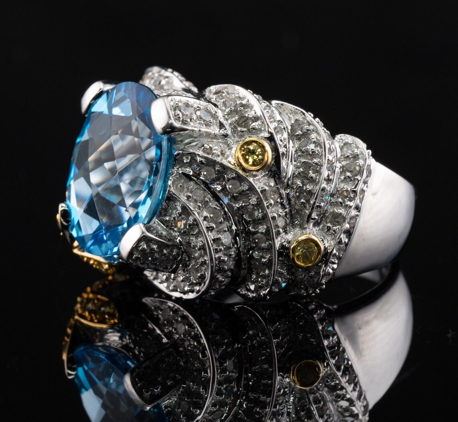 Natürlicher Diamant Blautopas Ring 14K Weißgold Cocktail (Ovalschliff) im Angebot