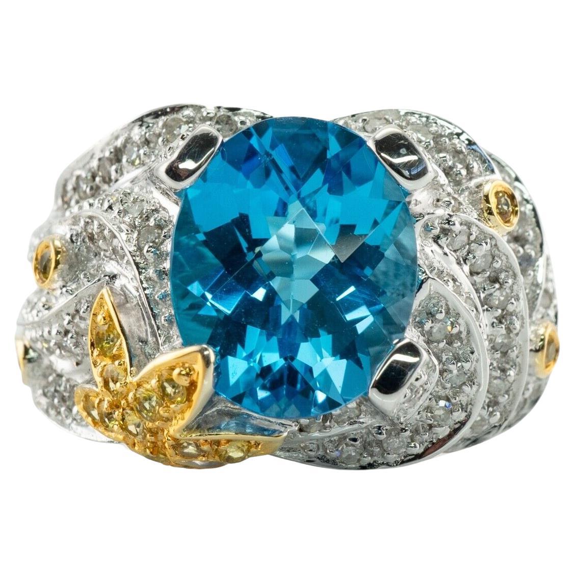 Nature Diamond Blue Topaz Ring 14K White Gold Cocktail