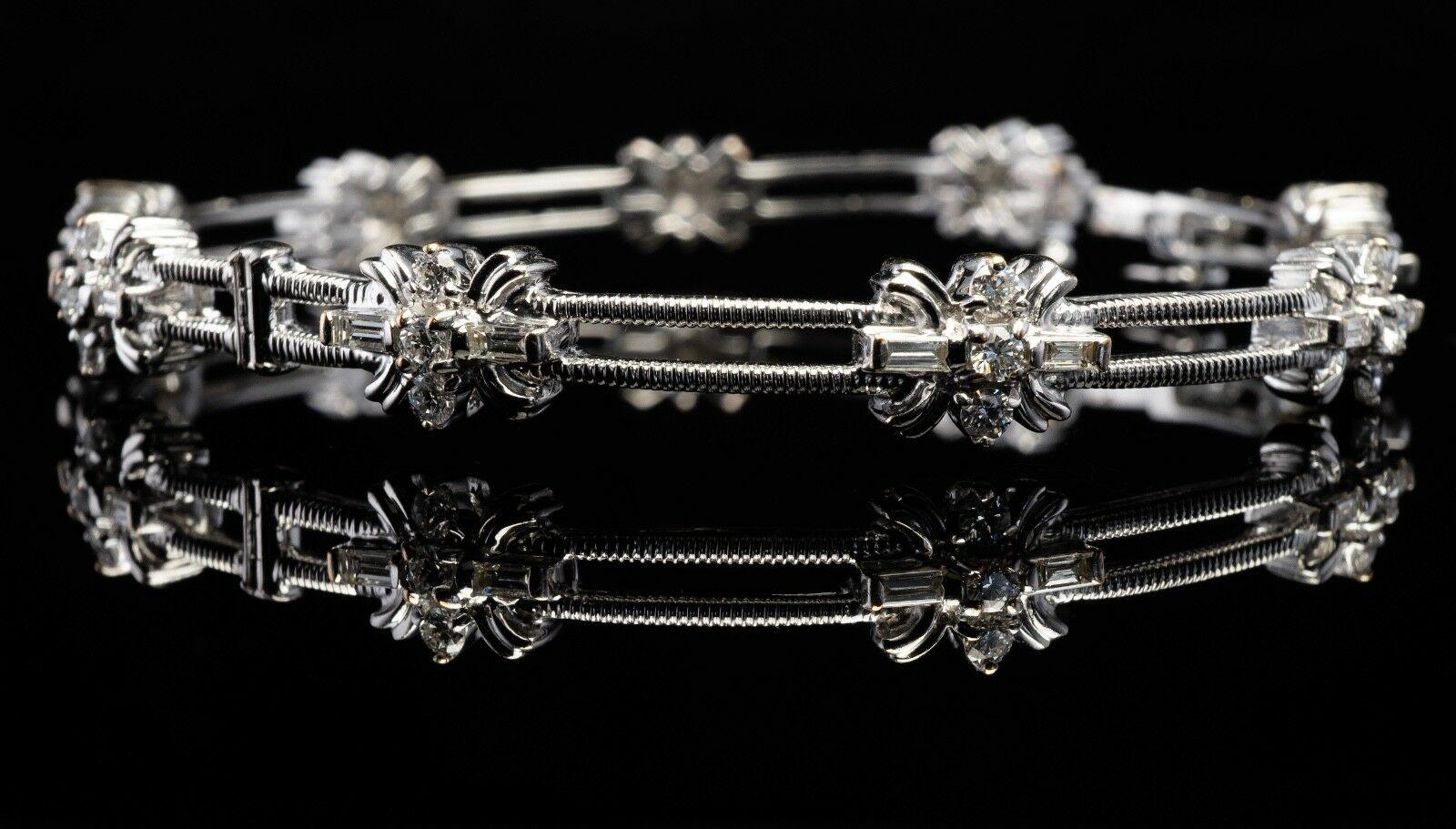 Natural Diamond Bracelet 14K White Gold Flower 1.71 TDW For Sale 2