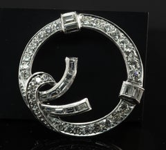Natural Diamond Brooch Pin Platinum Circle Bow Vintage Art Deco 2.65 TDW