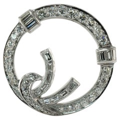 Natural Diamond Brooch Pin Platinum Circle Bow Vintage Art Deco 2.65 TDW