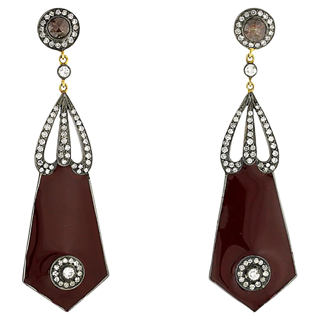 Natural Diamond 
Burgundy Enamel Drop Earrings in 18k Gold For Sale