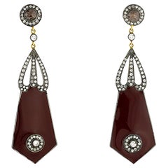 Natural Diamond 
Burgundy Enamel Drop Earrings in 18k Gold
