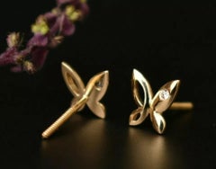 Natural Diamond Butterfly Ear Stud Earrings in 14k Gold
